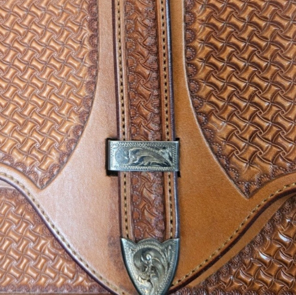 Custom Hand Tooled Tackery Crossbody Basket Weave Saddlery Bag Cowhide Purse - Picture 5 of 12